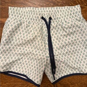 Kids White Swim Trunks with Teal Print and Navy Trim - Elastic Waist